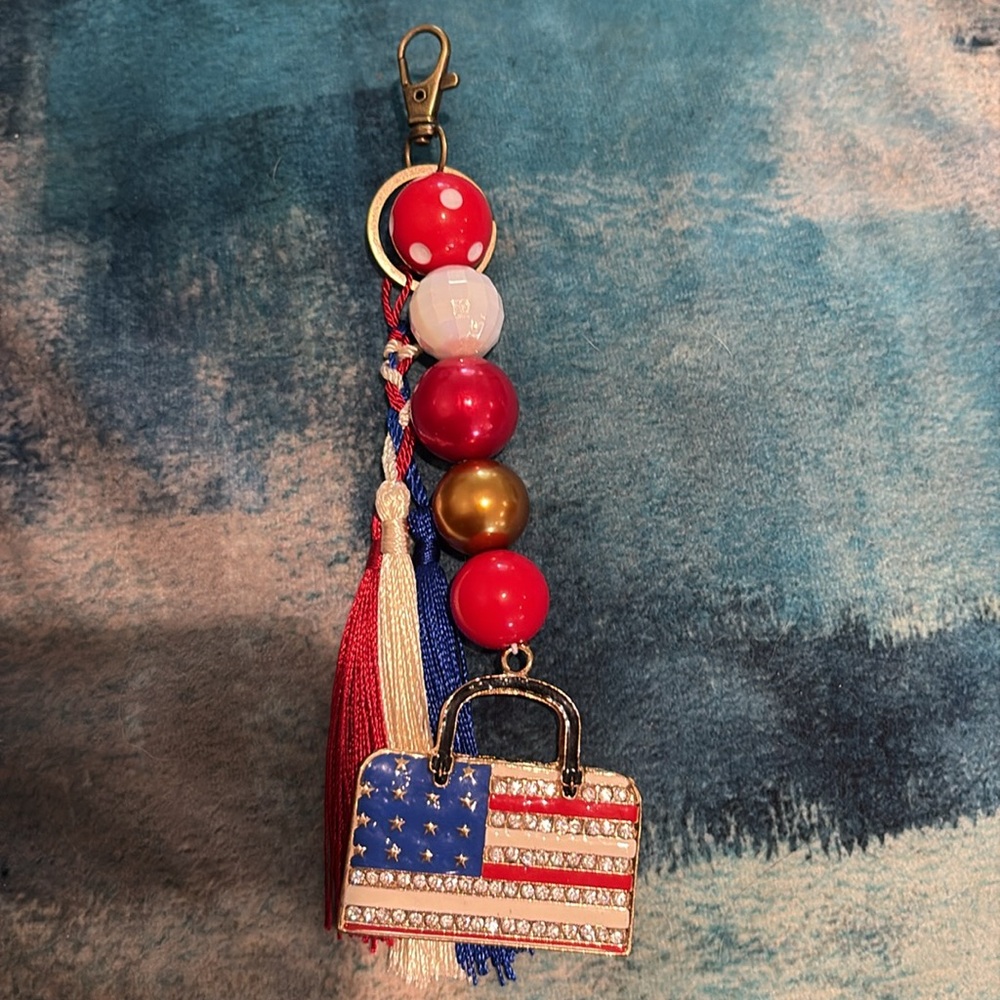 Patriotic Flag Bag charm with Beaded Strap